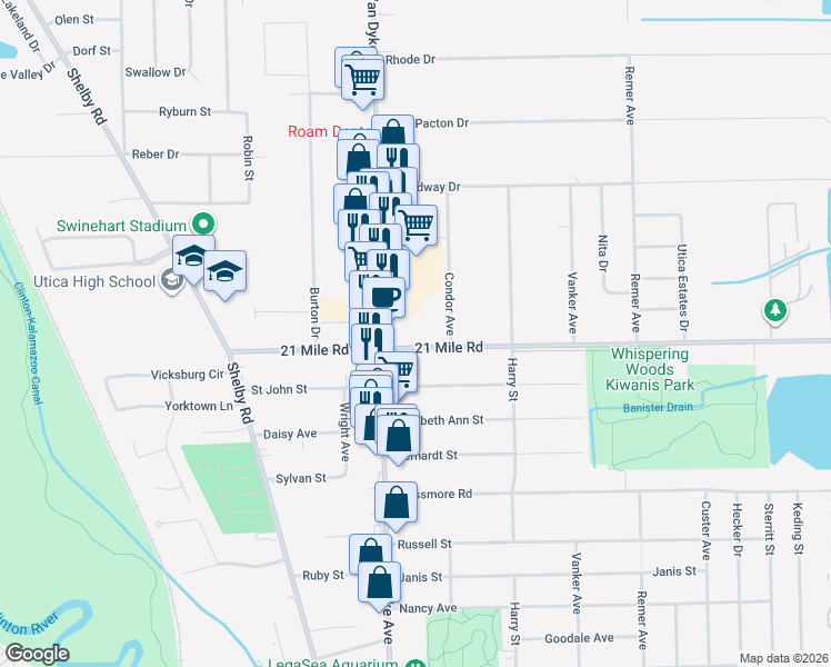 map of restaurants, bars, coffee shops, grocery stores, and more near 8152 21 Mile Road in Macomb County