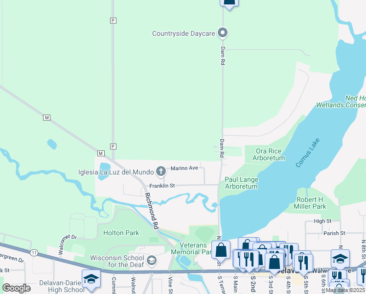 map of restaurants, bars, coffee shops, grocery stores, and more near in Delavan