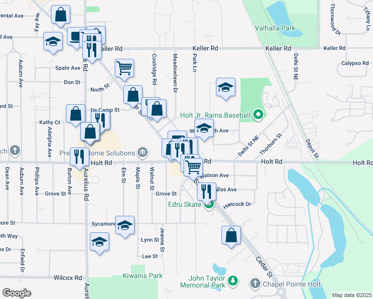 map of restaurants, bars, coffee shops, grocery stores, and more near 4276 Holt Road in Delhi charter Township