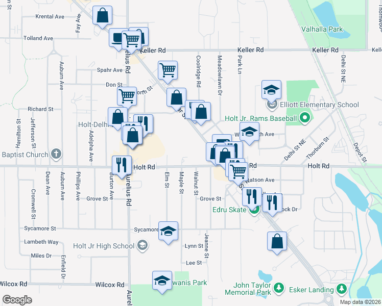 map of restaurants, bars, coffee shops, grocery stores, and more near 4354 Holt Road in Delhi charter Township