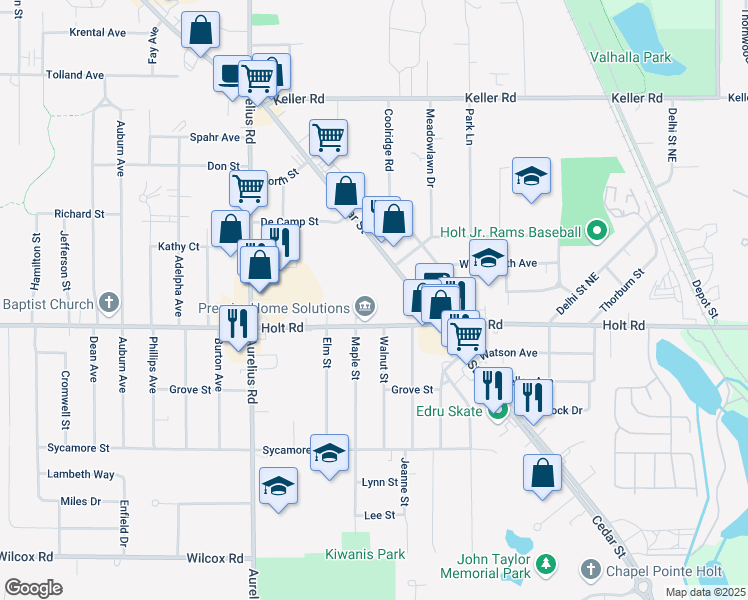 map of restaurants, bars, coffee shops, grocery stores, and more near 4354 Holt Road in Delhi charter Township