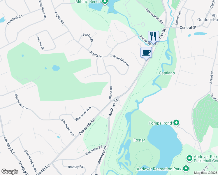 map of restaurants, bars, coffee shops, grocery stores, and more near 10 Blood Road in Andover