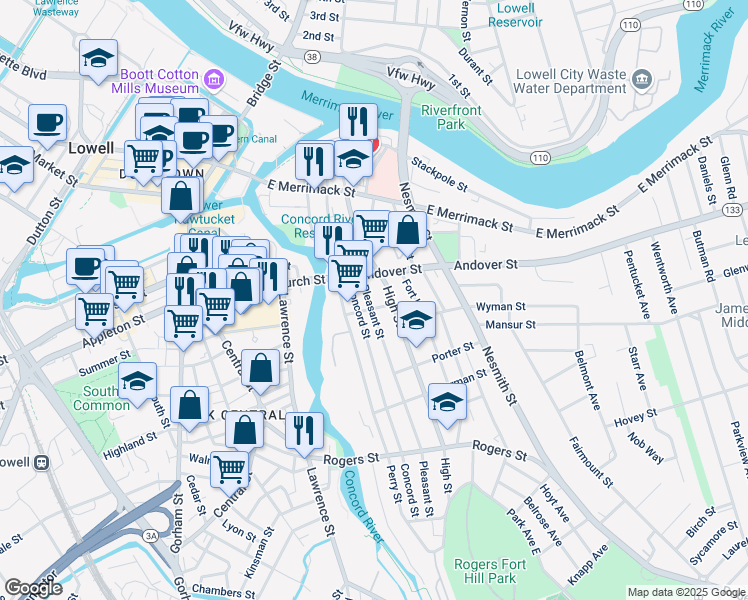 map of restaurants, bars, coffee shops, grocery stores, and more near 106 Concord Street in Lowell