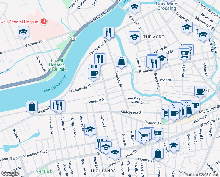 map of restaurants, bars, coffee shops, grocery stores, and more near 180 Wilder Street in Lowell