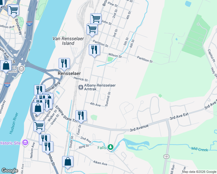 map of restaurants, bars, coffee shops, grocery stores, and more near 5 Summit Street in Rensselaer