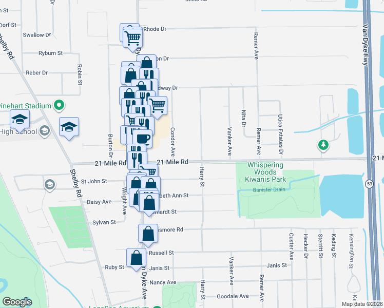 map of restaurants, bars, coffee shops, grocery stores, and more near 8438 21 Mile Road in Macomb County