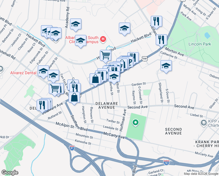 map of restaurants, bars, coffee shops, grocery stores, and more near 28 Bertha Street in Albany