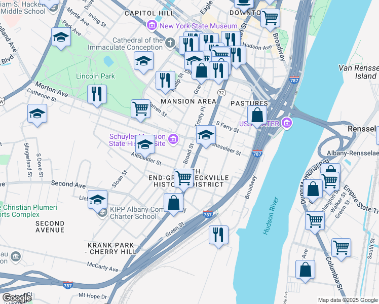 map of restaurants, bars, coffee shops, grocery stores, and more near Broad St & Schuyler St in Albany