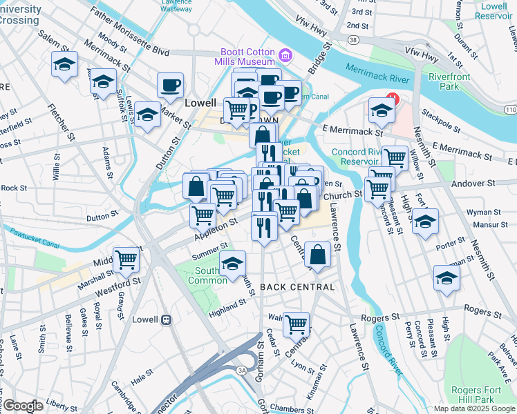 map of restaurants, bars, coffee shops, grocery stores, and more near in Lowell