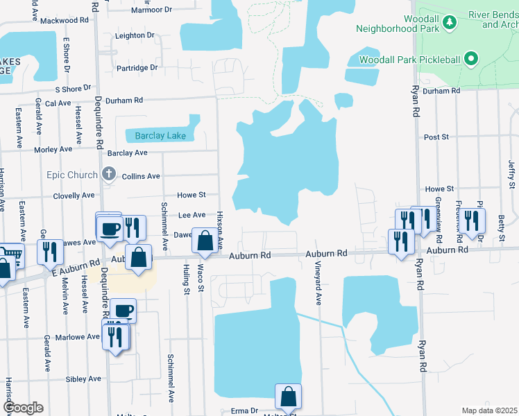 map of restaurants, bars, coffee shops, grocery stores, and more near 2909 Auburn Road in Macomb County