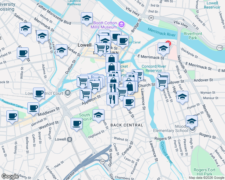 map of restaurants, bars, coffee shops, grocery stores, and more near 34 Gorham Street in Lowell