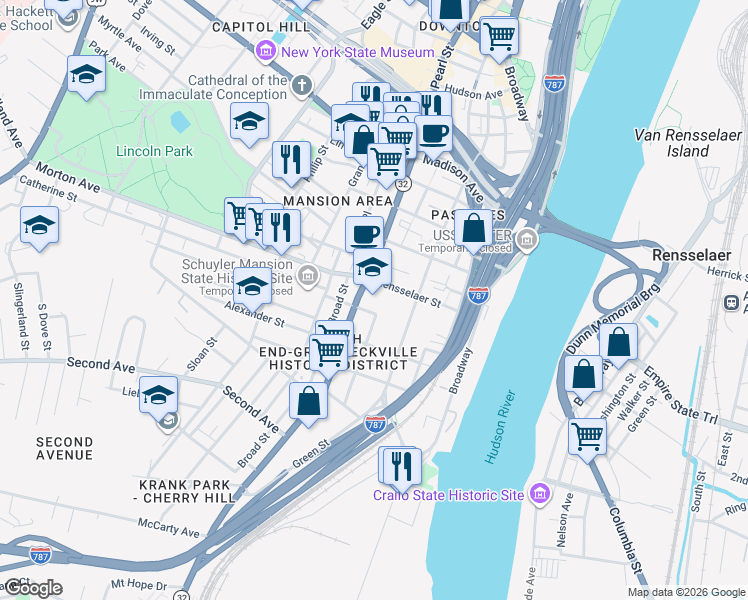 map of restaurants, bars, coffee shops, grocery stores, and more near 274 South Pearl Street in Albany