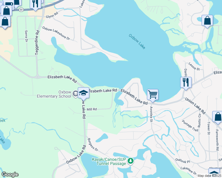 map of restaurants, bars, coffee shops, grocery stores, and more near 20 Mill Road in White Lake charter Township