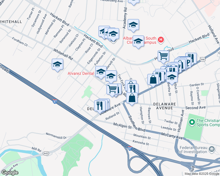 map of restaurants, bars, coffee shops, grocery stores, and more near Whitehall Road & Sard Road in Albany