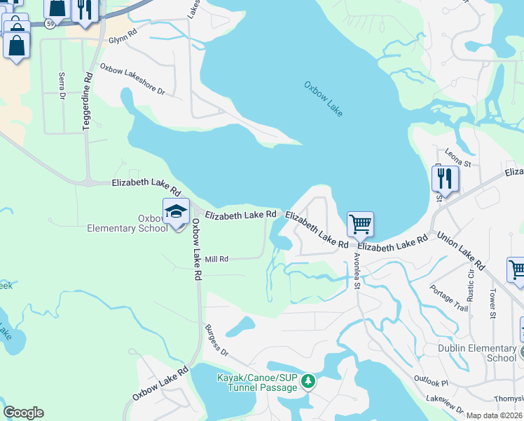 map of restaurants, bars, coffee shops, grocery stores, and more near 20 Mill Road in White Lake charter Township