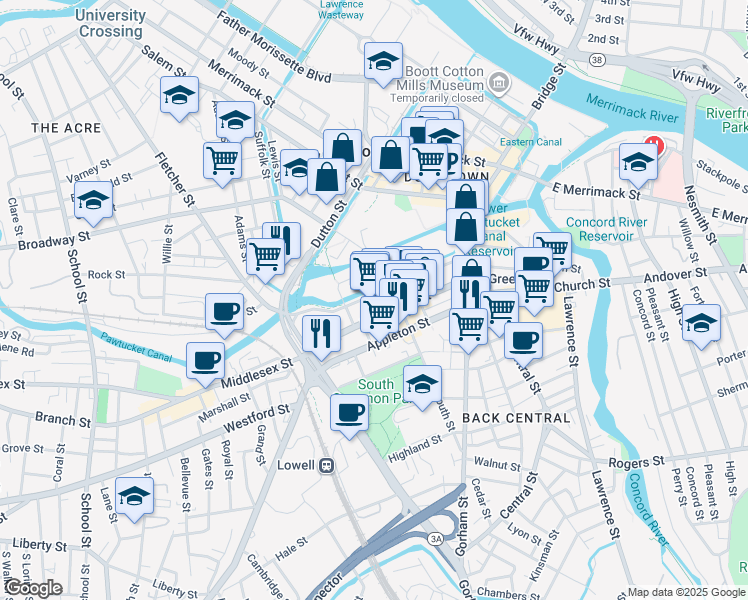 map of restaurants, bars, coffee shops, grocery stores, and more near 240 Jackson Street in Lowell