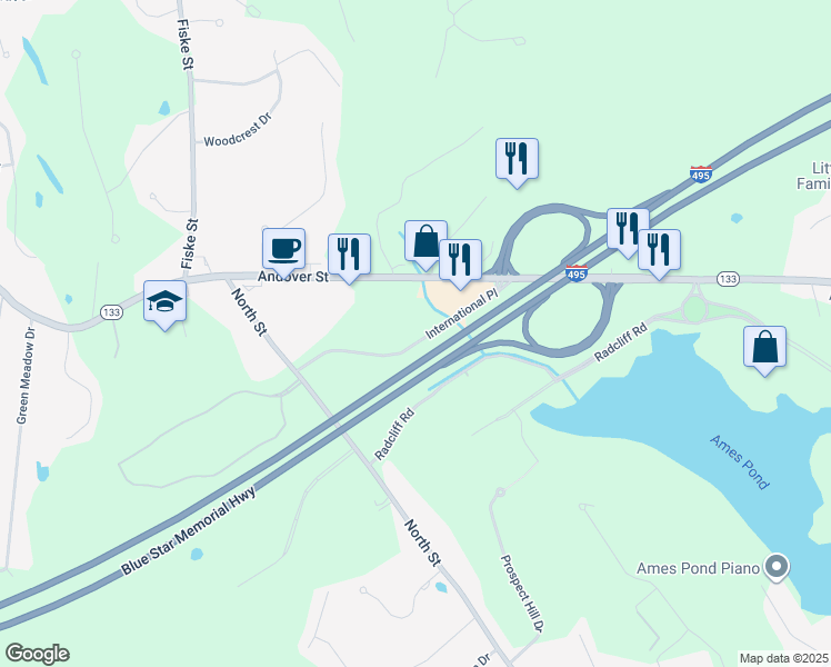 map of restaurants, bars, coffee shops, grocery stores, and more near Blue Star Memorial Highway in Tewksbury