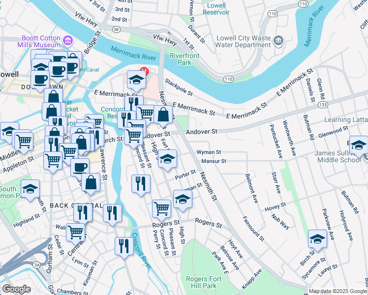 map of restaurants, bars, coffee shops, grocery stores, and more near 37 Oak Street in Lowell