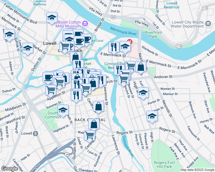 map of restaurants, bars, coffee shops, grocery stores, and more near 92 Lawrence Street in Lowell