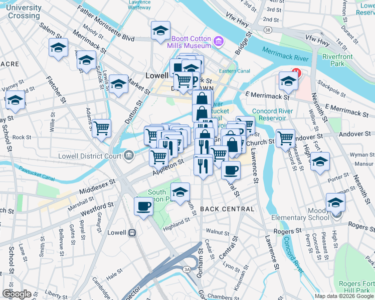 map of restaurants, bars, coffee shops, grocery stores, and more near 108 Appleton Street in Lowell