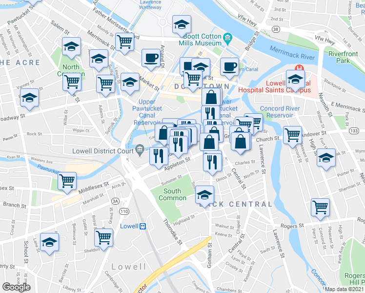 map of restaurants, bars, coffee shops, grocery stores, and more near 183 Appleton Street in Lowell