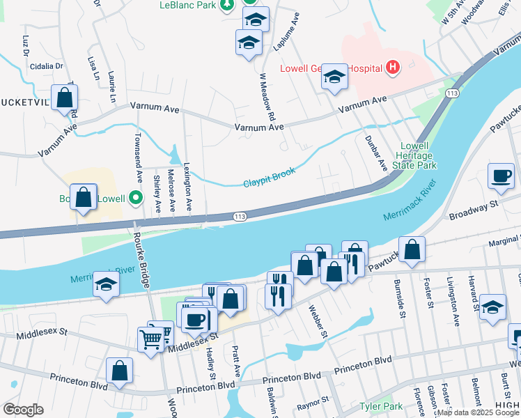 map of restaurants, bars, coffee shops, grocery stores, and more near in Lowell