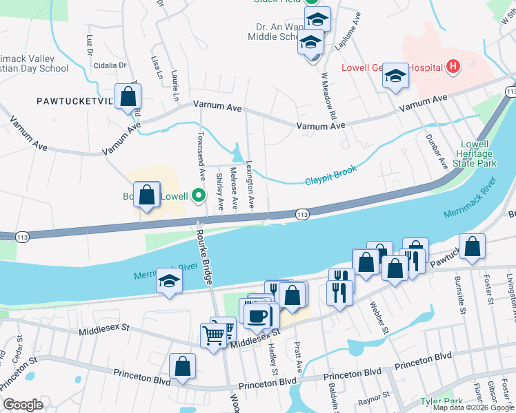 map of restaurants, bars, coffee shops, grocery stores, and more near 113 Pawtucket Boulevard in Lowell