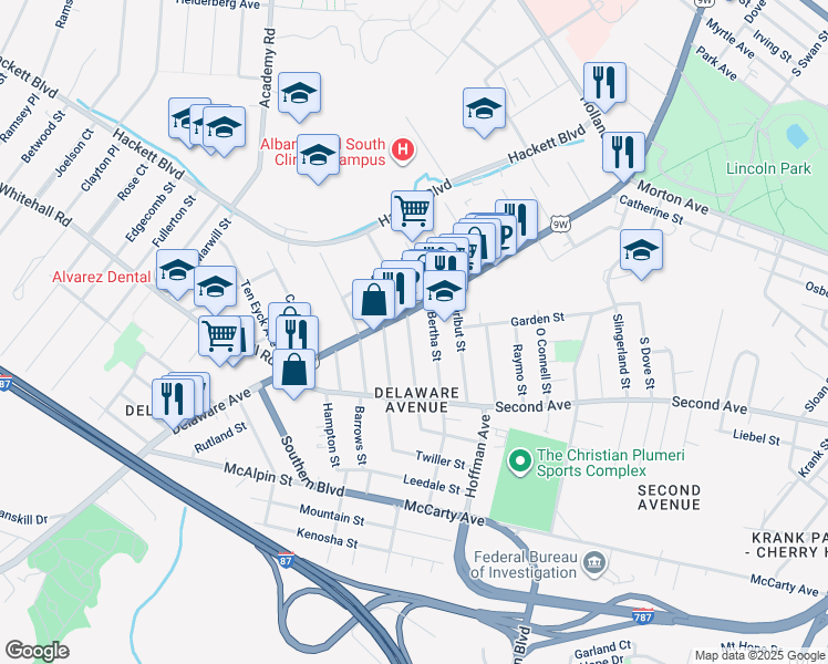 map of restaurants, bars, coffee shops, grocery stores, and more near 28 Bertha Street in Albany