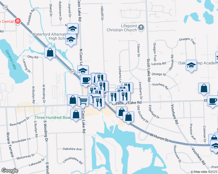 map of restaurants, bars, coffee shops, grocery stores, and more near 62 Jeff Street in Waterford Township