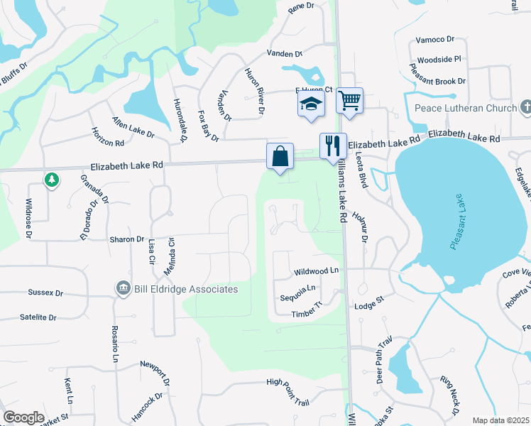 map of restaurants, bars, coffee shops, grocery stores, and more near 186 Summit View Court in White Lake charter Township