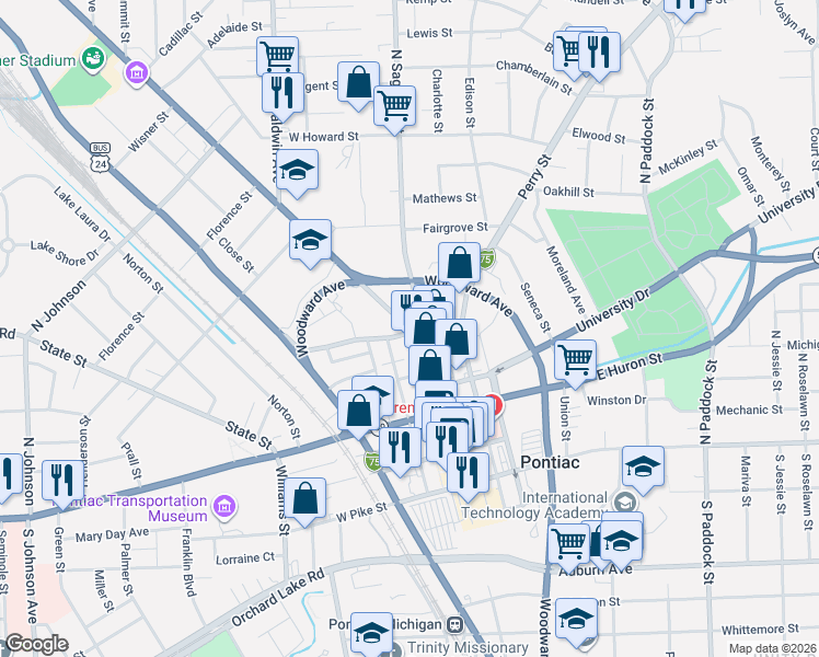 map of restaurants, bars, coffee shops, grocery stores, and more near 6 Oakland Avenue in Pontiac
