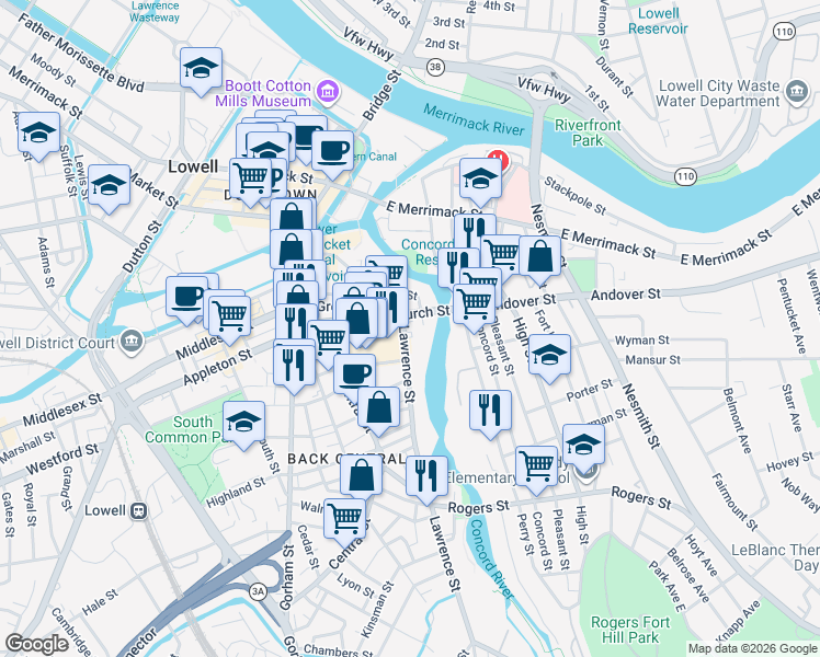 map of restaurants, bars, coffee shops, grocery stores, and more near 92 Lawrence Street in Lowell