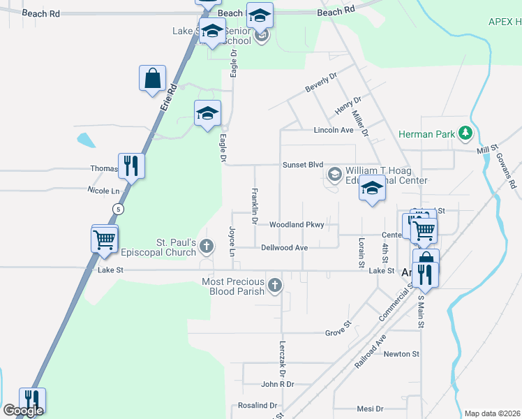 map of restaurants, bars, coffee shops, grocery stores, and more near 14 Franklin Drive in Angola