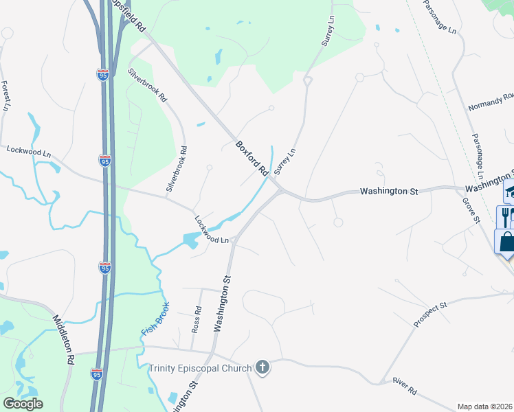 map of restaurants, bars, coffee shops, grocery stores, and more near 129 Washington Street in Topsfield