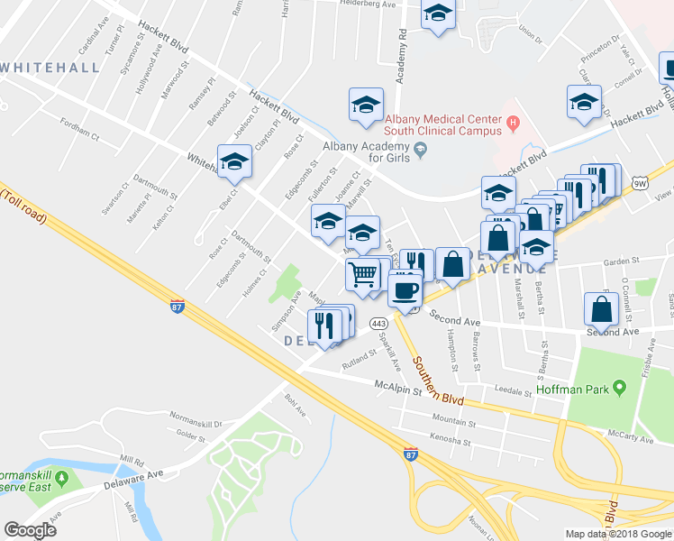 map of restaurants, bars, coffee shops, grocery stores, and more near 2 Mc Donald Road in Albany