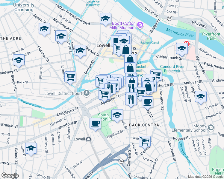 map of restaurants, bars, coffee shops, grocery stores, and more near 183 Appleton Street in Lowell