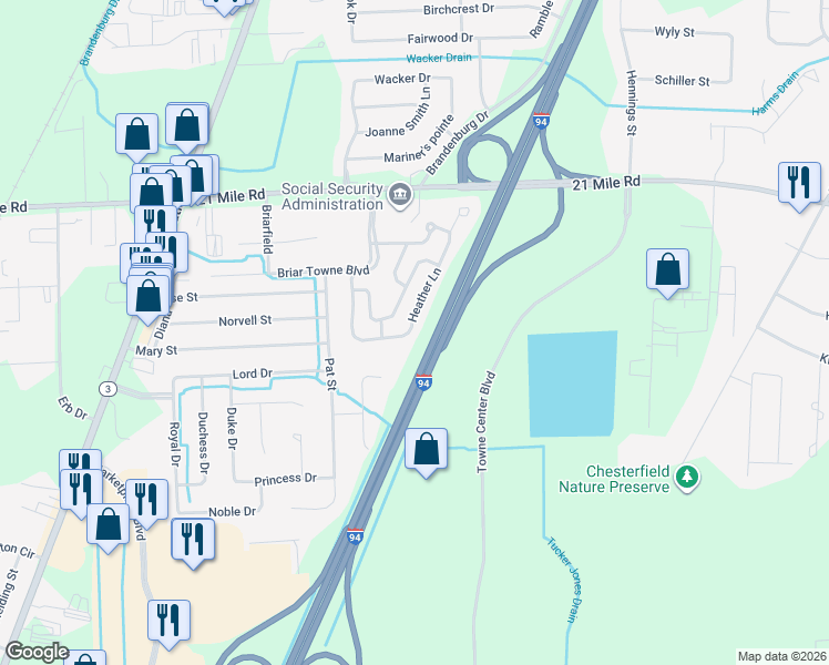 map of restaurants, bars, coffee shops, grocery stores, and more near Interstate 94 in New Baltimore