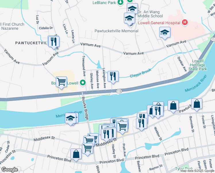 map of restaurants, bars, coffee shops, grocery stores, and more near 113 Pawtucket Boulevard in Lowell