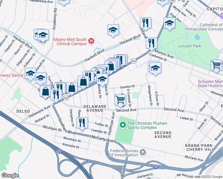 map of restaurants, bars, coffee shops, grocery stores, and more near 71 Hurlbut Street in Albany