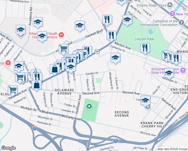 map of restaurants, bars, coffee shops, grocery stores, and more near 69 O Connell Street in Albany