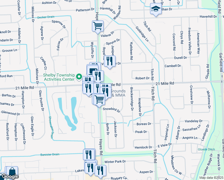 map of restaurants, bars, coffee shops, grocery stores, and more near 47100 Hayes Road in Macomb