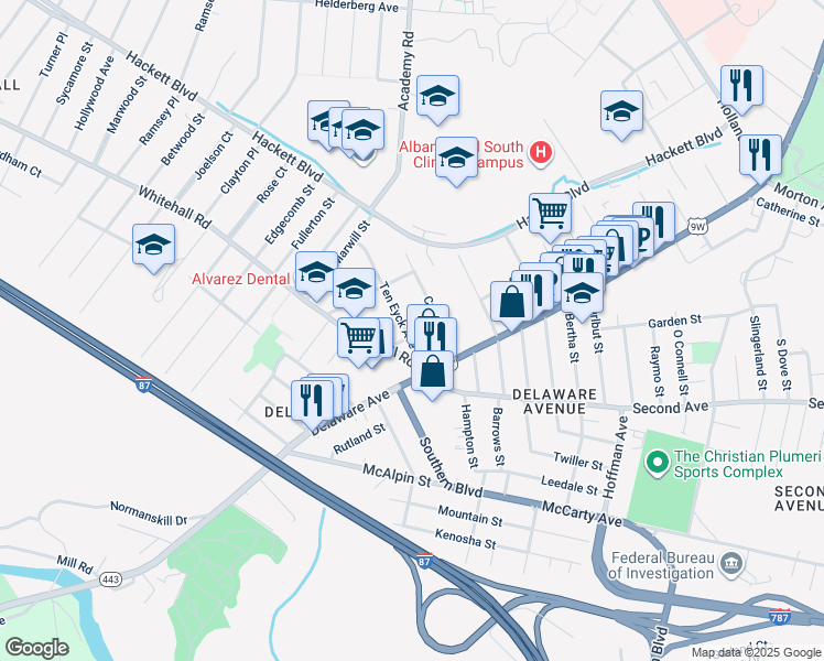 map of restaurants, bars, coffee shops, grocery stores, and more near 15 Ten Eyck Avenue in Albany