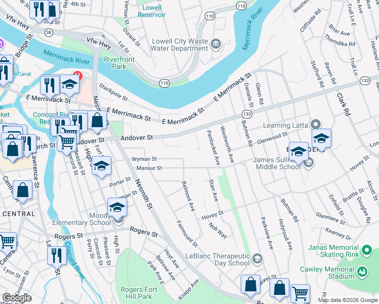 map of restaurants, bars, coffee shops, grocery stores, and more near 56 Mansion Drive in Lowell