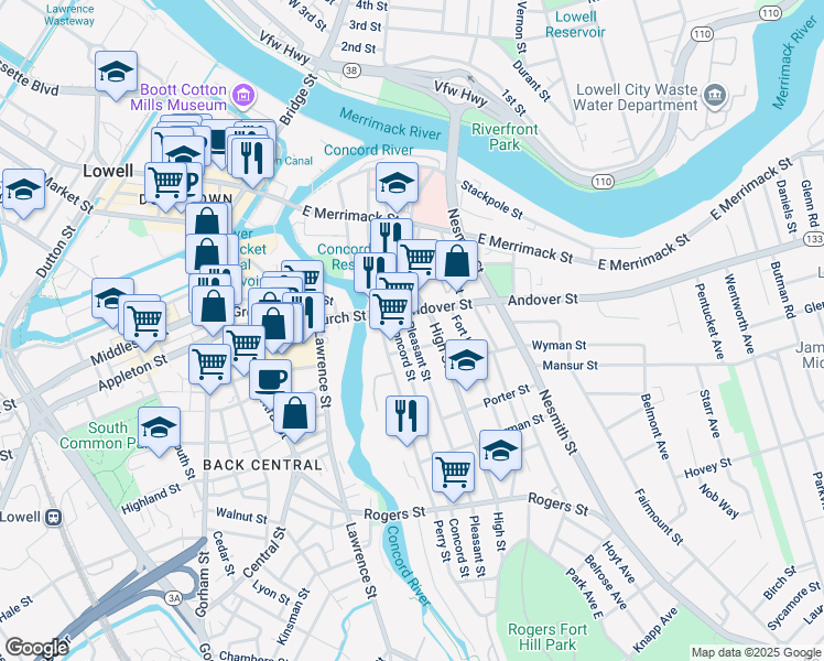 map of restaurants, bars, coffee shops, grocery stores, and more near in Lowell