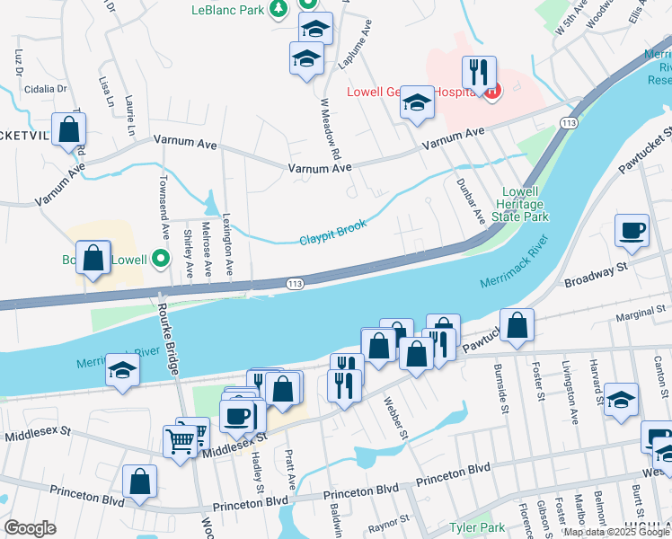 map of restaurants, bars, coffee shops, grocery stores, and more near 351 Pawtucket Boulevard in Lowell
