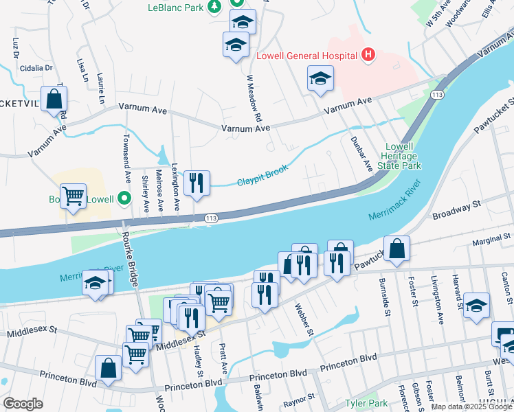 map of restaurants, bars, coffee shops, grocery stores, and more near 351 Pawtucket Boulevard in Lowell