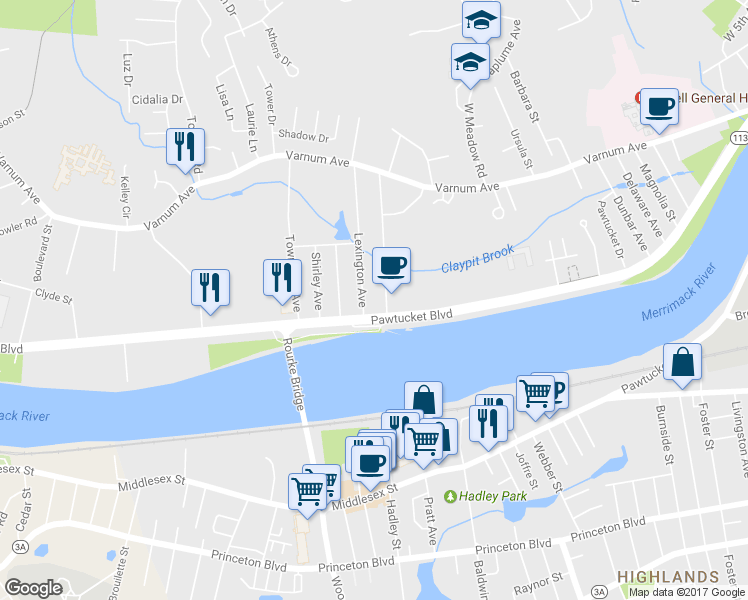 map of restaurants, bars, coffee shops, grocery stores, and more near 525 Pawtucket Boulevard in Lowell