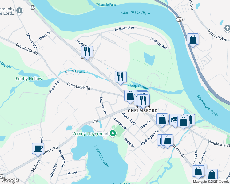 map of restaurants, bars, coffee shops, grocery stores, and more near 52 Tyngsboro Road in Chelmsford