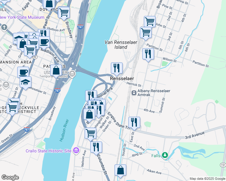 map of restaurants, bars, coffee shops, grocery stores, and more near 445 Broadway in Rensselaer