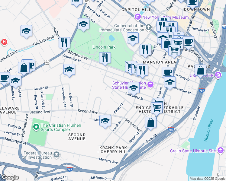 map of restaurants, bars, coffee shops, grocery stores, and more near 93 Delaware Street in Albany